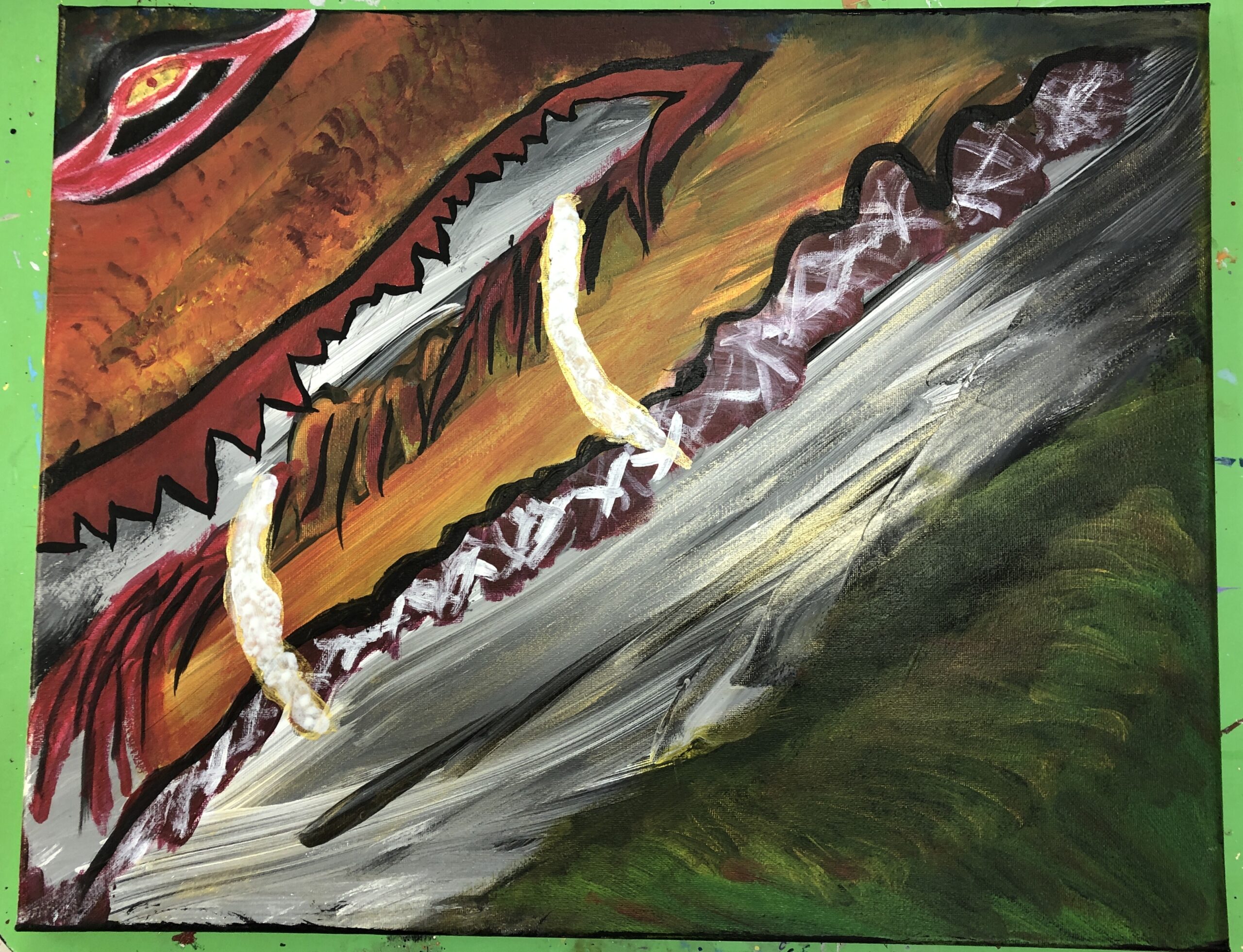artist interpretation of a dragon head flying over a valley.